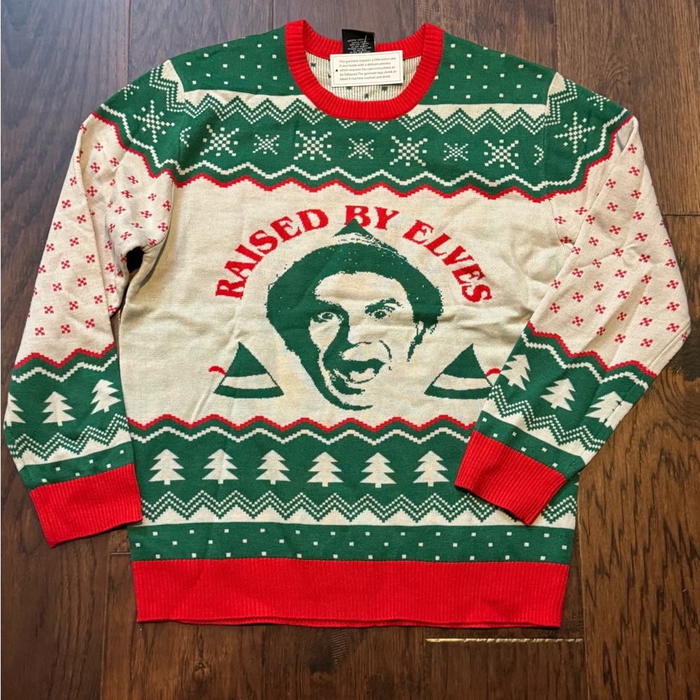 NWT Bioworld ELF Raised By Elves Ugly Christmas Sweater Knit Pullover, Large